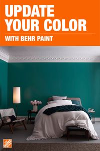 Update your bedroom with a new paint color from The Home Depot. BEHR Beta Fish is the perfect shade to create a sleek bedroom getaway. BEHR Premium Plus Ultra paint creates a velvety appearance that’s easy to clean and stands up to scrubbing. Click to shop more BEHR paint at The Home Depot.