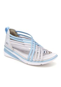 Summer fun knows no bounds with this colorful slide-on sandal. An elastic construction and two-tone criss-cross straps work together to offer a comfortable