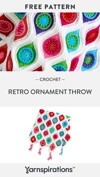 Free Retro Ornament Throw crochet pattern using Red Heart Super Saver yarn. This masterpiece takes a spin into the 60s with a pattern that resembles glass ornaments. The ornaments are stitched in bright colors, then joined into strips with a light background that makes them stand out. Tails from the strips are gathered into tassels for a playful finishing touch. #Yarnspirations #FreeCrochetPattern #CrochetThrow #RedHeartYarn #RedHeartSuperSaver