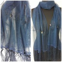 Unique handmade scarf Hand-Embroidery beaded dark blue scarf gift for her