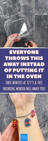 Everyone Throws This Away Instead Of Putting It In The Oven. Three Minutes At 330°F & This Shrinking Wonder Will Amaze You! | A Childhood Hit: Shrink Charms Made From Plastic Packaging | #charms #charmbracelet #DIY #jewelry #shrinkydinks #homemade #bracelet
