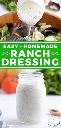 Homemade Ranch Dressing is so easy to make and so much better than anything store-bought. This from scratch recipe is the perfect flavor and consistency and takes minutes to whip up! Use it for salad, chicken wings, a baked potato, and so many other things.