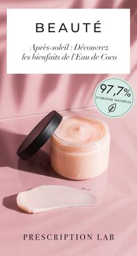 Ce sorbet après soleil naturel fondant combine l’eau de coco rafraîchissante et l’huile de grenade hydratante. Sa texture en sorbet frais qui fond sur la peau pour la rafraîchir instantanément, l’apaiser et l’hydrater tout en y déposant son doux parfum sucré. Avec sa formule à 97,7% d'origine naturelle, cet après soleil sera parfait à appliquez généreusement sur votre corps après chaque exposition au soleil ! #soleil #eaucoco #naturel #sorbet #soin #prescriptionlab #cosmetiquenaturelle
