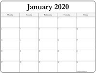 January 2020 Monday Calendar | Monday to Friday