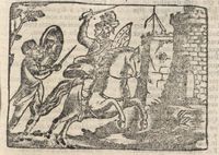 Xilografía de un soldado montado a caballo luchando con espada y escudo contra otro hombre a pie, con espada y escudo.