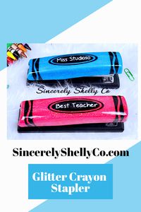 Custom Crayon Staplers are great gifts for Teachers, Students, Counselors, etc. Stapler is ~6"x1.3" and opens up so they can be used to staple on billboards, walls, etc. Box of Staplers included #customstapler #crayonstapler #teacherappreciationweek #giftforteacher