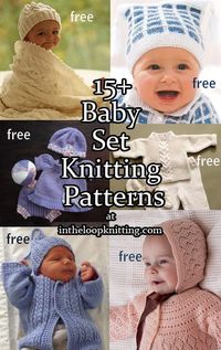 Knitting patterns for matching baby sets including layettes, hats, blankets, booties, sweaters. Most patterns are free