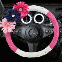 $44.19 New Flower Diamond Female PU Leather Car Steering Wheel Covers 15 inch 38CM - Rose White