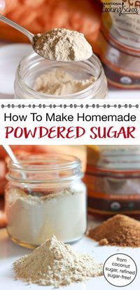 The baking world still needs a few things when it comes to healthy ingredients... like unrefined powdered sugar! Thankfully, all-natural coconut sugar can be powdered easily at home, for a lower-glycemic, versatile ingredient or topping. Learn how to make homemade powdered sugar without corn starch for your favorite cookies, desserts, plus icing, frosting, and glaze recipes! #desserts #baking #sugar #coconutsugar #powderedsugar