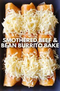 Smothered Beef & Bean Burrito Bake! An easy Mexican-inspired casserole recipe made from flour tortillas stuffed with ground beef, cheese and refried beans smothered in a savory queso sauce that comes together right in the oven. #smothered #burrito #groundbeef #queso