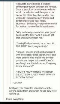 The best part is you can tell who is who in which house. Hogwarts students in other houses