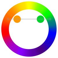 Contrasting Secondary Colours create unusual colour combinations beyond the more familiar contrasting colours such as red-green, blue-orange and yellow-purple. This example features contrasting secondary colours - orange and green. Colour illustration by Zena O’Connor, PhD © Design Research Associates.