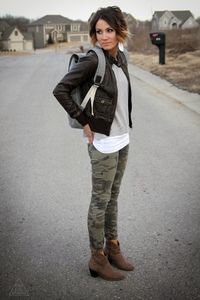 Leather jacket, Everlane backpack and camo skinnies and ankle boots
