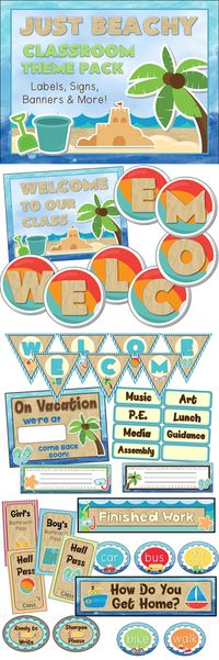 Beach theme pack for your classroom - banners, signs, labels, and more! Classroom Decor Beach Theme