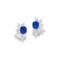 Pair of Sapphire and Diamond Earrings | 9.20及9.10克拉 天然「緬甸」未經加熱藍寶石 配 鑽石 耳環一對(鑽石共重15.61克拉) | Magnificent Jewels: Part I | | Sotheby's