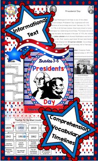 Presidents Day, Grades 3, 4, 5, social studies, February holidays, informational text, word search, timeline, interactive notebook, comprehension check, glossary, word problems, 3rd grade, 4th grade, 5th grade