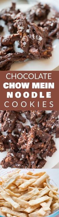 CHOCOLATE CHOW MEIN Noodle COOKIES are my family's favorite! This easy no bake recipe only requires 4 ingredients! They're simple to make and you only need chocolate chips, peanut butter chips, chow mein noodles and peanuts! I love adding a dash of salt on top too! They are so much to make with kids! Make them for parties, dessert, bake sales or a alternative to Christmas cookies!
