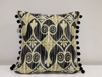 Green and black pillow cover, Geometric print pillow covers with Pom Pom trim, Boho style, Moroccan style, Handmade in USA, Ready to ship,
