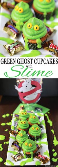 Green Ghost Cupcakes with Slime are homemade vanilla cupcakes with green slime filling made of pudding, then topped with green buttercream and M&M’s®️️ for eyes. I used an edible marker to draw the eyes on the candy.