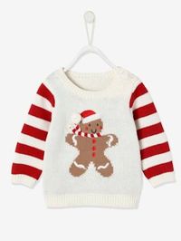 Revoilà les fêtes avec la joie, la fantaisie et aussi les bonhommes pain d'épices... une amusante inspiration pour nos pulls tricot de Noël ! Pull tricot bébé pour les fêtes Col rond Manches longues rayées Motif bonhomme pain d'épices devant Détails brodés, pompon en 3D Finitions par bord-côtes L'info en + Passage de tête facilité : épaule boutonnée Pull de Noël bébé en tricot 60% coton, 40% acrylique
