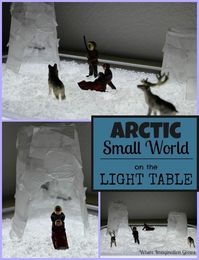 Arctic small world play with igloos and Eskimos on the light table! Hands-on learning activity for imaginative play!