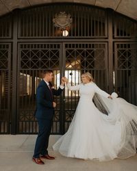 Modest A-line Long Sleeve Crepe Pearl Wedding Dress Sahar by Maggie Sottero. Click to find this gown! . . . . #modestweddingdress #alineweddingdress #longsleeveweddingdress #crepeweddingdress #pearlweddingdress #tulleweddingdress