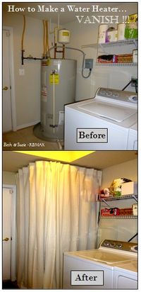 How to Make an UGLY Water Heater Disappear! RE/MAX Realtor's DIY Tip -Using IKEA Kvartal Curtain Rods Installed on Ceiling of Laundry Room -Total Cost was Less than $100 #BethandSusie.com #BeforeandAfter #Laundry