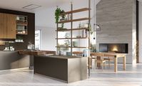 Base cabinets fronts: burnished bronze lacquered brushed metal effect | Upper cabinets fronts: honey aged oak | Tall cabinets fronts: burnished bronze lacquered brushed metal effect | Worktop: Fenix laminate | Worktop: Kerlite | Groove and plinth: titanium