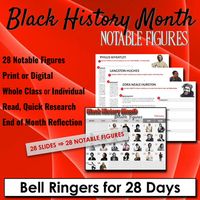 This slide deck is full of 28 daily warm-ups / bellringers for Black History Month for you to do whole class, or to assign individually. We teachers know, of course, that teaching Black History should be integrated throughout the year, so this activity is is just adds a little pizazz to February! Ev...