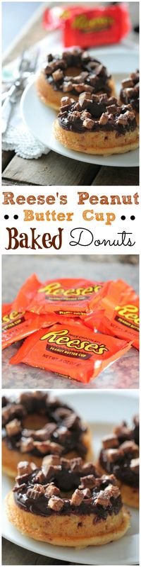 Reese's Peanut Butter Cup Baked Donuts! Soft, baked and packed with Reese's :) #donuts #doughnuts #recipe #dessert