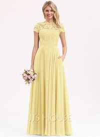 A-Line Scoop Floor-Length Chiffon Lace Bridesmaid Dress (007206482) - JJ's House