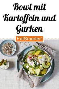 Erfrischend und leicht: Bowl mit Kartoffeln, Gurken, Avocado und Feta - 483 kcal - schnelles Rezept - mittel - So gesund ist das Rezept: 9,6/10 | Eine Rezeptidee von EAT SMARTER | Salate fürs Büro, Blitzrezepte, Feierabend-Rezepte, Kochen für Berufstätige, Rezepte für Bowls, Lunch Bowls, Picknick, Resteverwertung, Was koche ich morgen, Zum Abnehmen, Abnehmen Abendessen, Abnehmen im Frühling, Abnehmen Mittagessen, Kartoffel, Brunch, Mittagessen, Abendessen #kartoffel #gesunderezepte