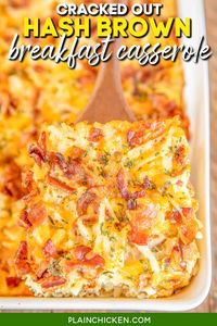 Cracked Out Hash Brown Breakfast Casserole - seriously the BEST! We love this for breakfast, lunch and dinner. Only 6 ingredients - hash browns, bacon, cheddar, ranch, milk, and egg. You can make this ahead of time and refrigerate or freeze until ready to bake! Great for overnight guests, potlucks, and holiday mornings.
