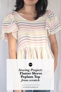 This cute and casual flutter sleeve peplum top includes manual gathering, neck inbinding, tie strap closure at back, and standard hemming method.