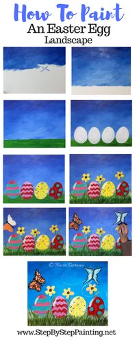 Beginners and kids can learn how to paint this easy Easter egg landscape with acrylic paint on canvas! This bright and cheery painting has two butterflies, yellow flowers and patterned Easter eggs sitting on green grass with a bright blue sky. You will be guided step by step with detailed pictures, instructions, a material list and a video!