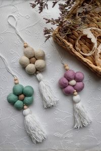 Felt ball hanging flowers nursery kids decoration are perfect for hanging from peg rails, shelves, branches and as children's room décor. They can be made in any colour of your choosing, please send me priv to discuss the details. You can choose between Flower with a string white hanger or as a Cake Topper with a long wooden stick.