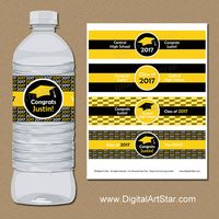 Graduation Decoration - printable water bottle labels in black and yellow