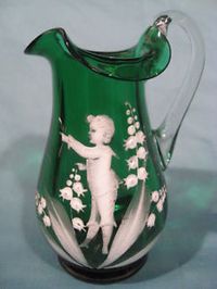 Mary Gregory Green glass pitcher jug with Lily of the Valley