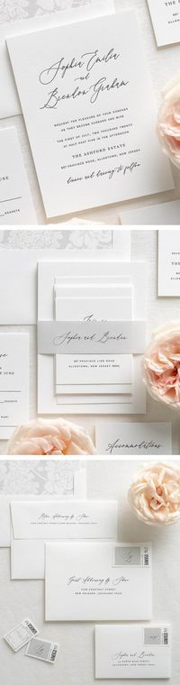 The invitation shown is our Sophia design printed in soft black ink with a soft gray hydrangea envelope liner and tied with platinum ribbon.