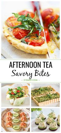 An afternoon tea isn't complete without a selection of savory bites. These are delicious, easy, and beautiful. Easy Afternoon Tea Savory Bites: Recipes and Ideas | 31Daily.com #afternoontea #appetizers #partyfood #tearecipes #fingerfood #31Daily