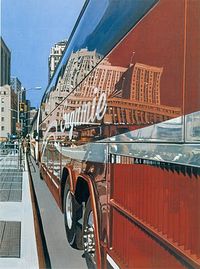 Richard Estes (14 5 1932 en Illinois) pintor EU, fotorrealista. Sus cuadros son retrospectivas de citys alejadas y en paisajes geométricos de ambientes urbanos en donde los automóviles, forma de vestir, carteles representan el ambie de la época.Tiene 1 complej utilización de las superfic con luz refractada, edifi reflejados en estruct cristalinas y lisas como los escaparates, ventanales, cabinas, etc. Tb reproduce reflejos deformados y difuminados en superfi como las olas de agua en movim.