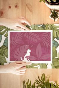 For all the cat lovers and eclectic style icons. Elevate your room aesthetic with this royal cat illustration. Tropical colors and fresh concept. Perfect for your living room or even as your desktop wallpaper. Gift your loved one or present yourself with a charming painting. This small painting can be your greeting to your beloved or a decor to your homely heaven. Digital painting hand drawn on Adobe Illustrator.