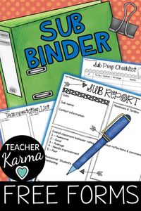 Click on the pin to steal your FREE Sub Binder Forms to add to your substitute management binder or your sub tub. 3 freebie sub printables: Sub Report, Sub Prep Checklist, and Transportation List. #subtub #subbinder #teacherkarma #classroommanagement #kindergarten #1stgrade #2ndgrade #3rdgrade #4thgrade #5thgrade