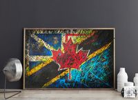 Hand painted Artwork: Combination of 3 Flags: Flag of Canada, Flag of Newfoundland, Flag of Tanzania. Colourful Wall Decor.