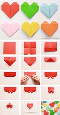 Origami paper hearts -- can be used as bookmarks, love notes, package decoration, strung together in a chain...many creative option! (Instructions are in Spanish)