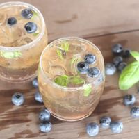 Blueberry Basil Bourbon Cocktail with Blueberries, Basil, Sugar, Bourbon, Club Soda.