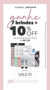 Cupom de 10% OFF nas compras acima de R$139 + 7 brindes no site da Océane. Aproveite para comprar maquiagens e skincare. Código: VALE10
