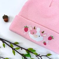 strawberry fluffy cow beanie by kamiaristudio