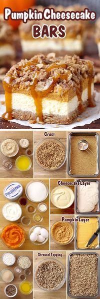 Pumpkin Cheesecake Bars – this holiday dessert with graham crackers and pecan crust, classical creamy cheesecake layer, pumpkin cheesecake layer and streusel topping with oats and pecans will fulfill all your expectations. It’s a perfect Thanksgiving dessert.