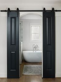 Modern Farmhouse Bathroom Custom Barn Doors - Painted Blue Black by Farrow and Ball